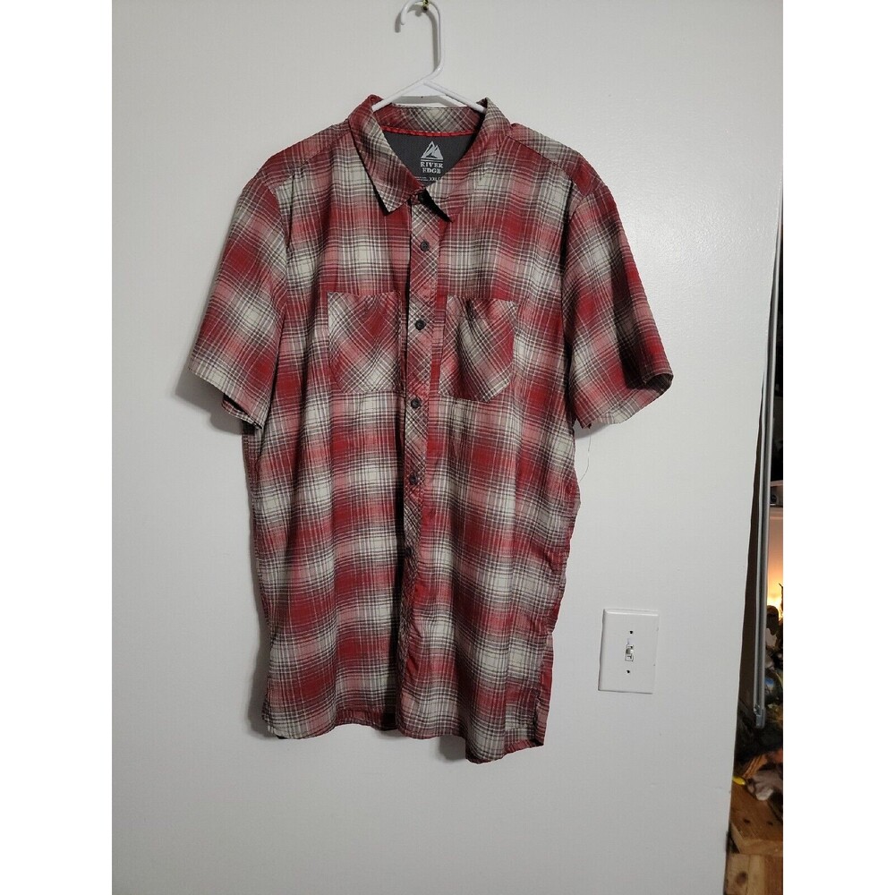 River Edge Fishing Shirt 2XL Mens Green Plaid Short Sleeve Button Up Vented XXL